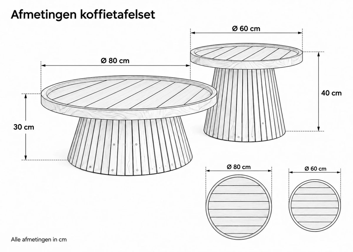 Belito Daan koffietafelset Ø 80 en Ø 60 cm afmetingen