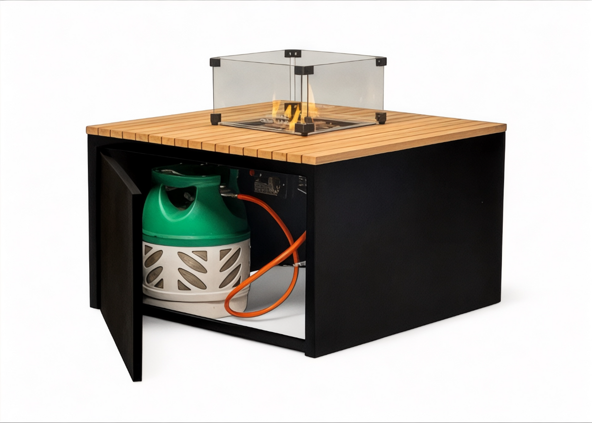 Easyfires Cube Vuurtafel 80 x 80 cm - Aluminium Teakhout - Inclusief Glasset