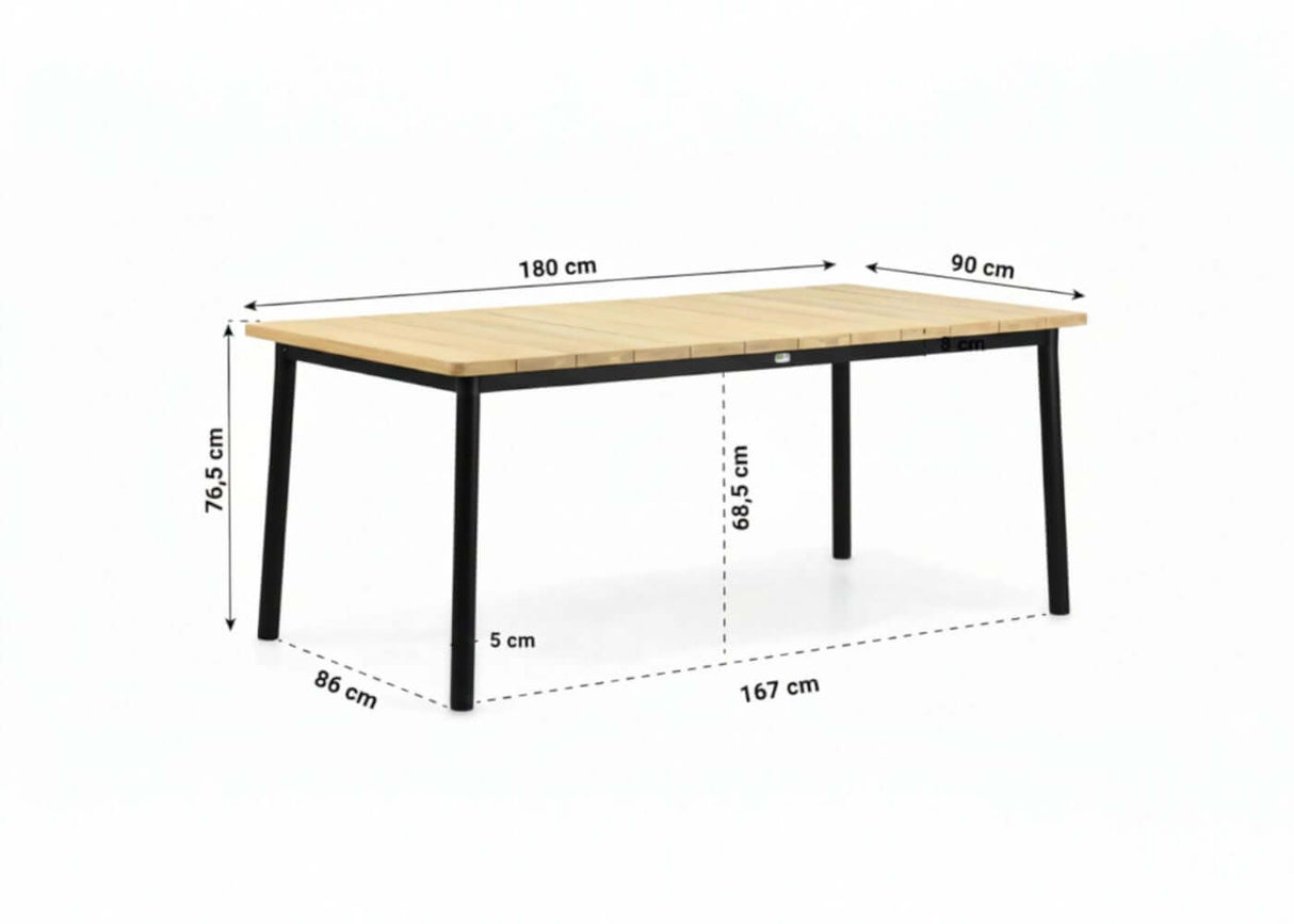 Milou 180 cm tafel met afmetingen