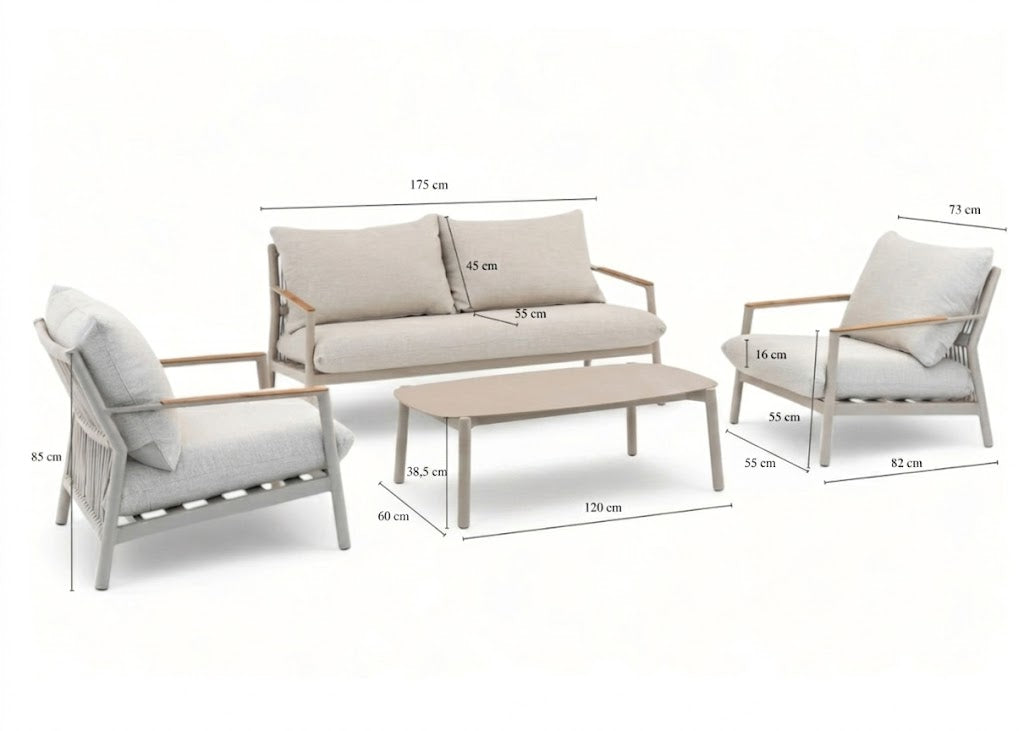 Belito Julia Stoel-Bank Loungeset 4-delig | Taupe | Aluminium & Rope | Aluminium Koffietafel