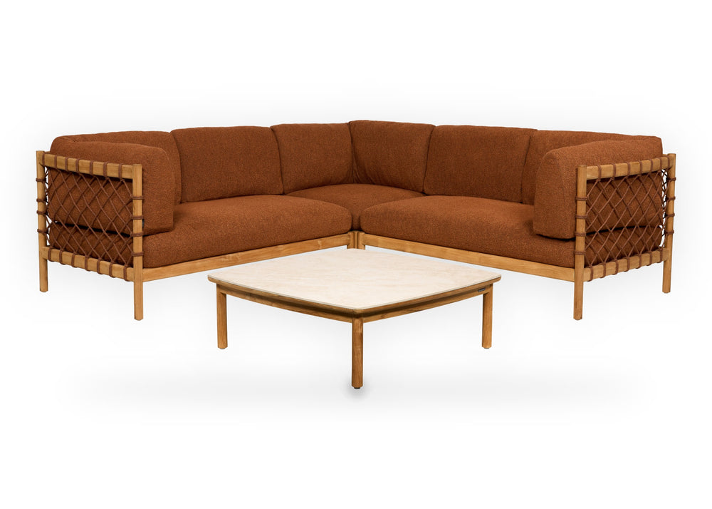Grace loungehoek in teak met cognac rope en lage teak loungetafel 30 cm hoog