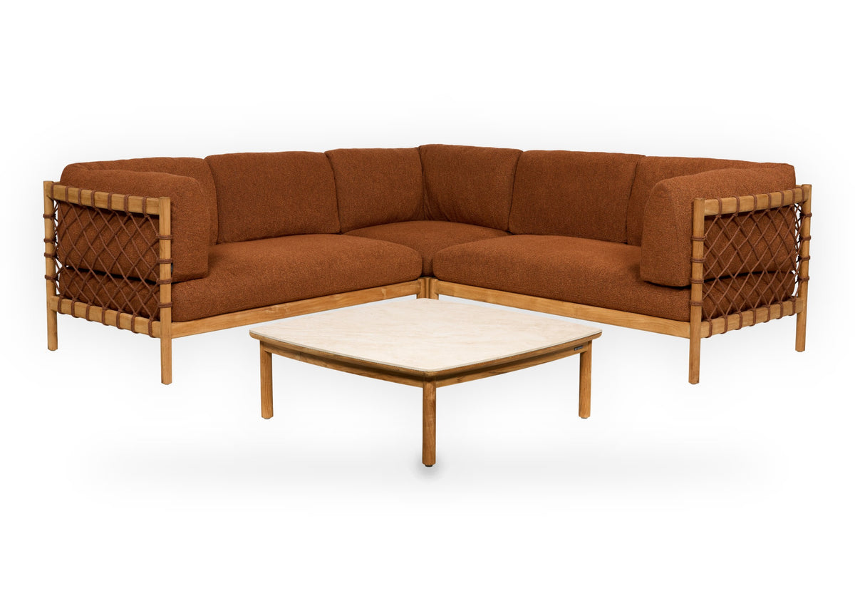 Grace loungehoek in teak met cognac rope en lage teak loungetafel 30 cm hoog