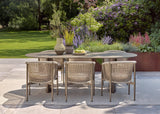 Apple Bee Pulau diningset: zes Pulau dining tuinstoelen Champagne aan een grote dining tuintafel