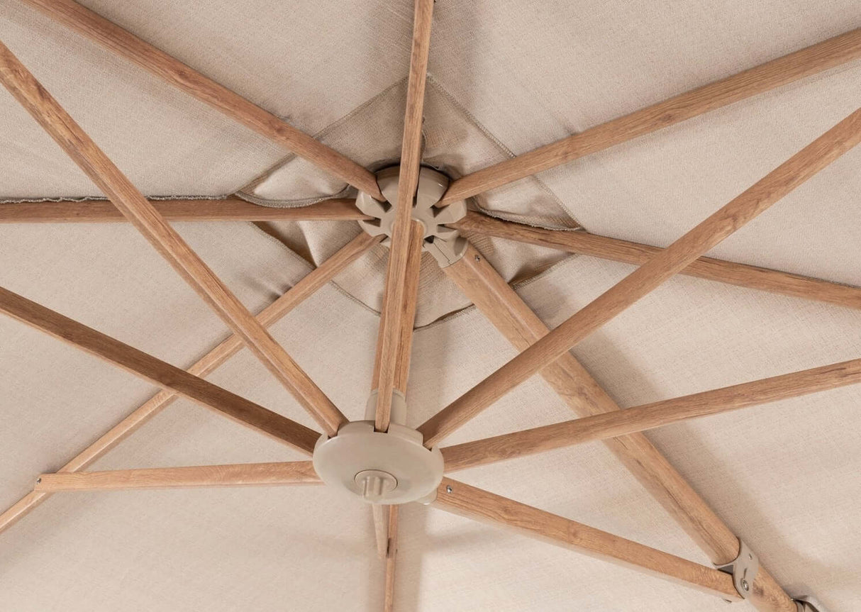 4Seasons Siesta Premium Zweefparasol 300x300cm - Woodlook Frame Sand Doek
