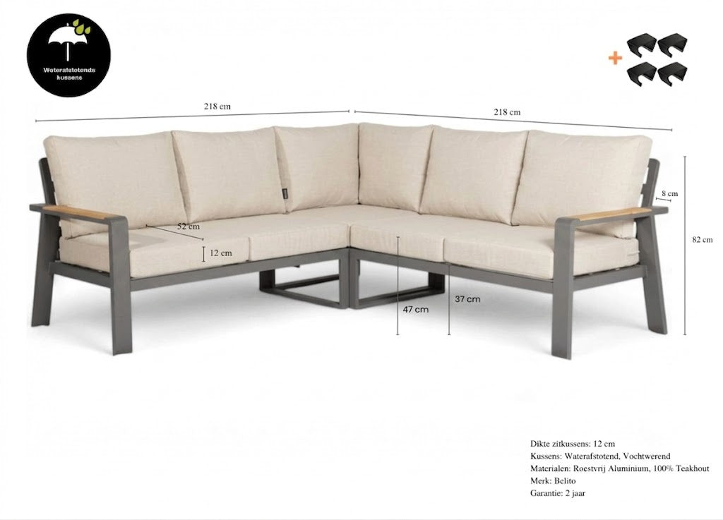 Belito Lotte Loungeset Hoekbank Nr. 3 | Antraciet Aluminium | 220 x 220 cm | 5-persoons | Lichte Kussens