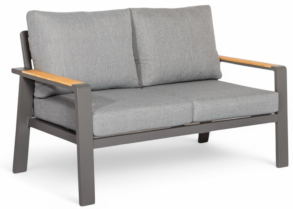 Antraciete tuinbank 2 zitter met grijze kussens