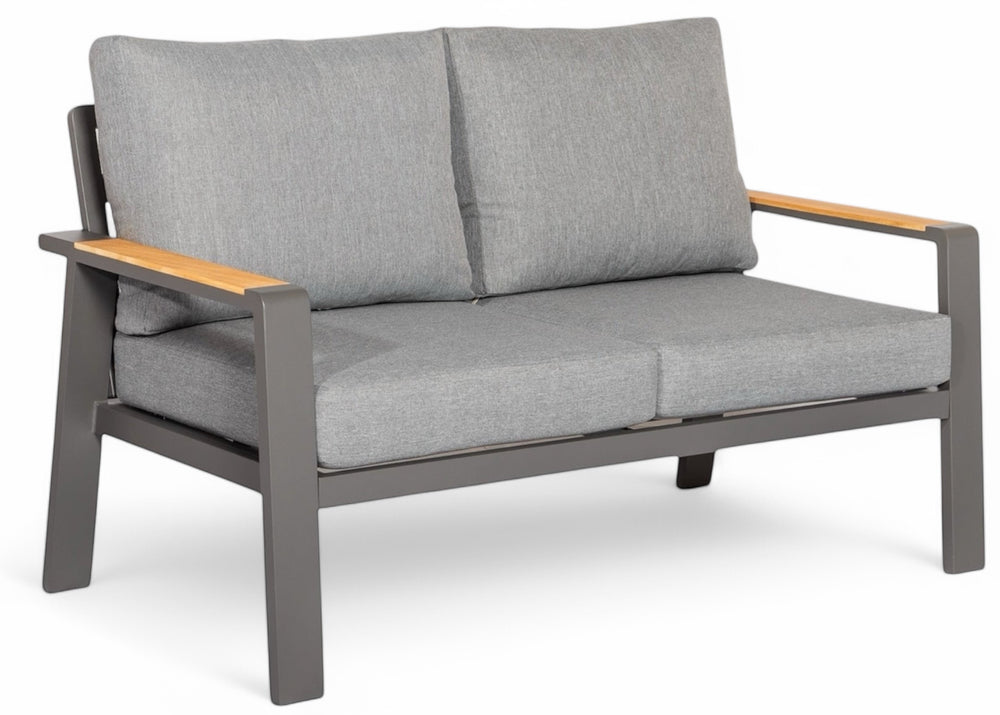 Antraciete tuinbank 2 zitter met grijze kussens