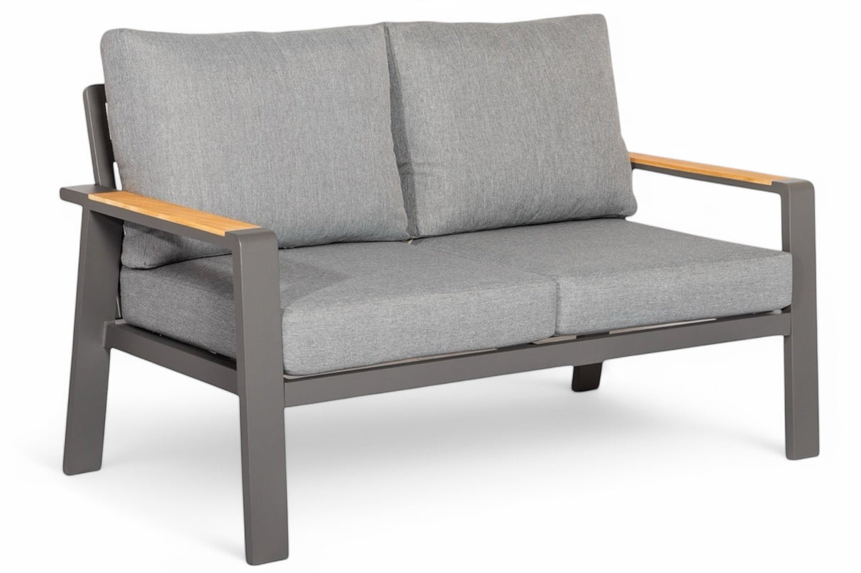 Antraciete tuinbank 2 zitter met grijze kussens