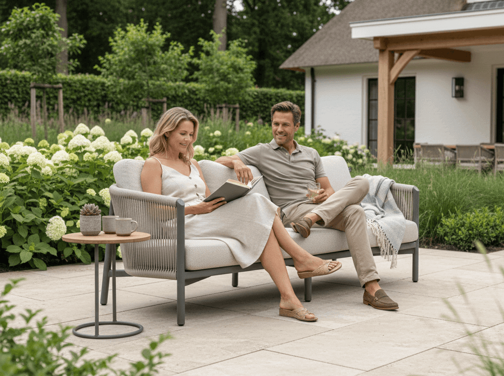 Apple Bee Bora Bora loungebank taupe rope, detail vlechtwerk