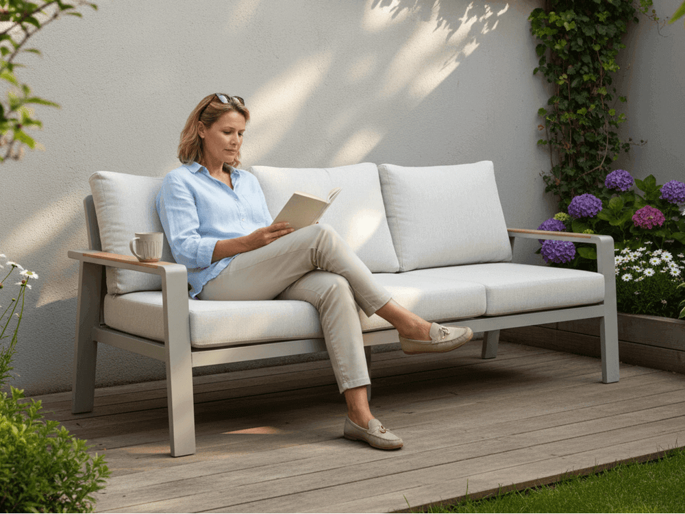 Belito Birmingham 3-zits loungebank, taupe aluminium met lichte kussens
