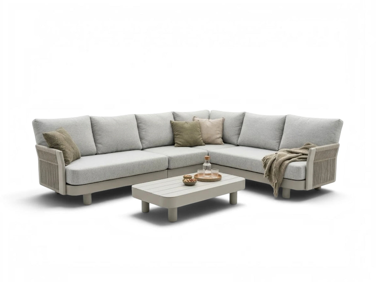 Belito Noor hoekset 5-delig in taupe rope en aluminium met lichtgrijze kussens en rechthoekige loungetafel