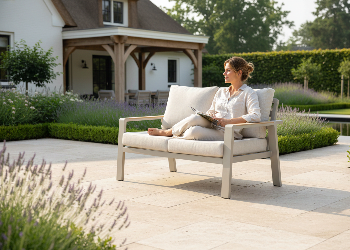 Belito Birmingham Taupe Tuinbank met vrouw erop die boekje leest 