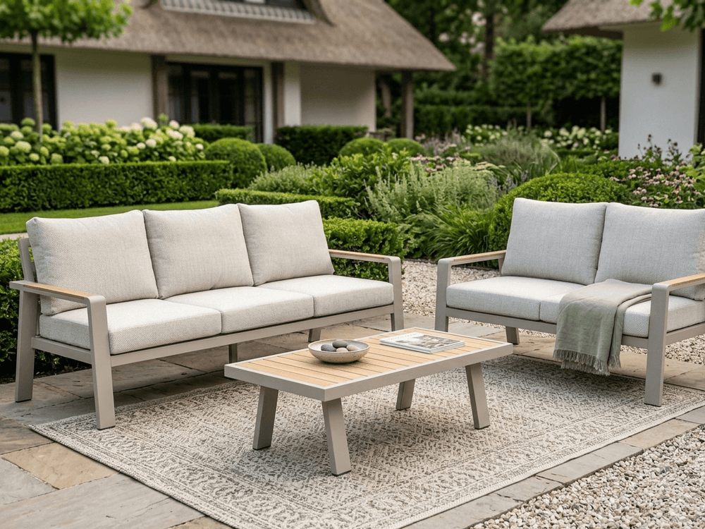 Belito Birmingham loungeset, taupe aluminium met lichte kussens