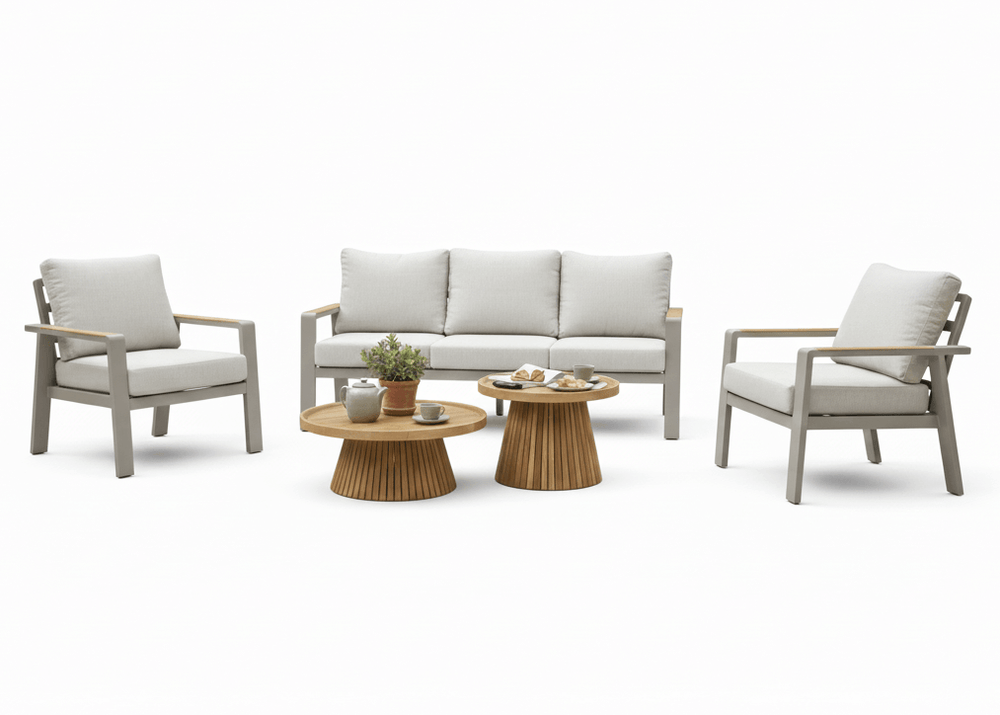 Belito Birmingham loungeset nr.7 taupe, met stoel-bank combinatie en Daan teakhouten koffietafels, hoofdfoto