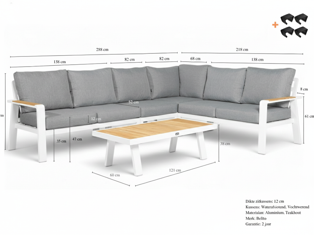 Aluminium Loungeset Hoekbank - Wit Frame - 6-Persoons - Belito Lotte