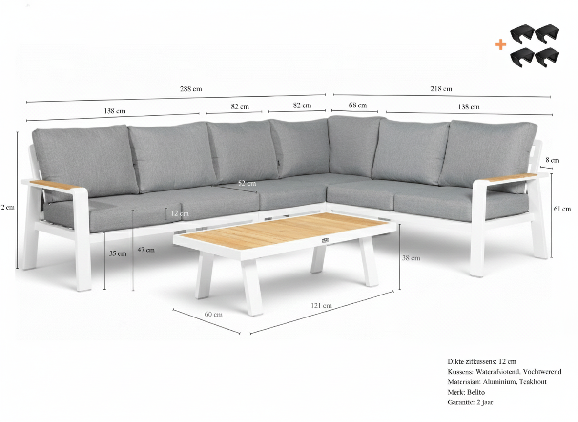 Aluminium Loungeset Hoekbank - Wit Frame - 6-Persoons - Belito Lotte