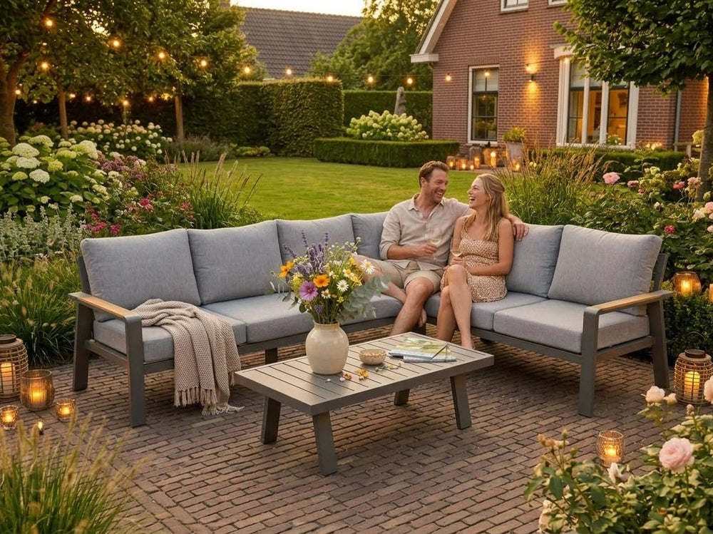 Belito Lotte Loungeset met grijze kussens en aluminium koffietafel