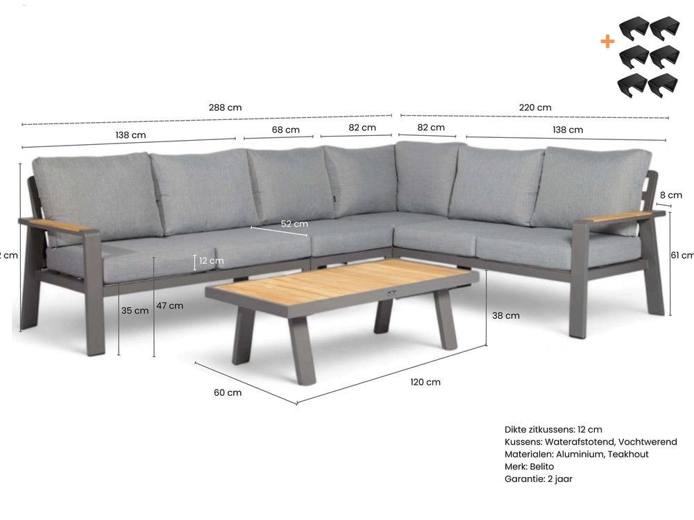 Belito Lotte antraciet met afmetingen en koffietafel 120 cm 