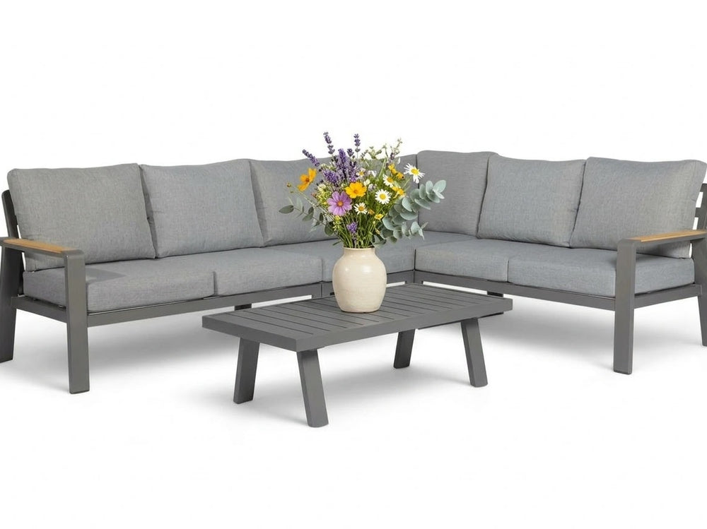 Belito Lotte hoekbank antraciet aluminium met aluminium koffietafel, 288 x 220 cm, 6-7 personen
