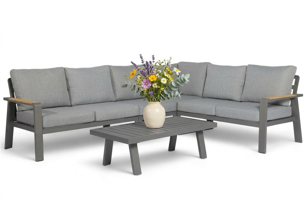 Belito Lotte hoekbank antraciet aluminium met aluminium koffietafel, 288 x 220 cm, 6-7 personen