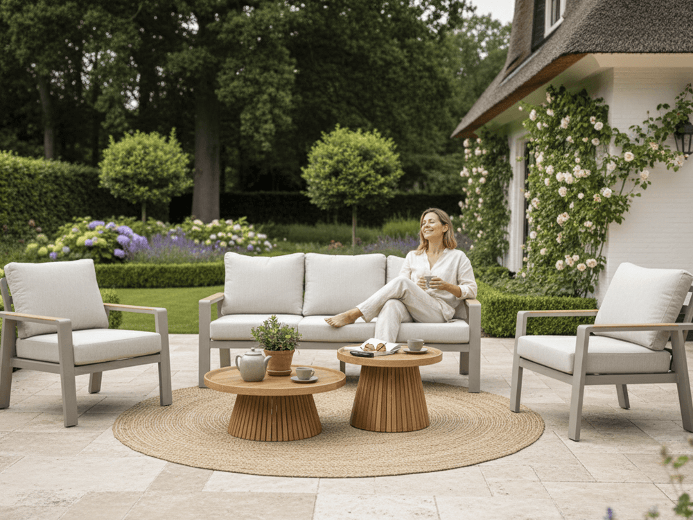 Belito Stoel-bank Loungeset Taupe met beige kussens - stoel-bank