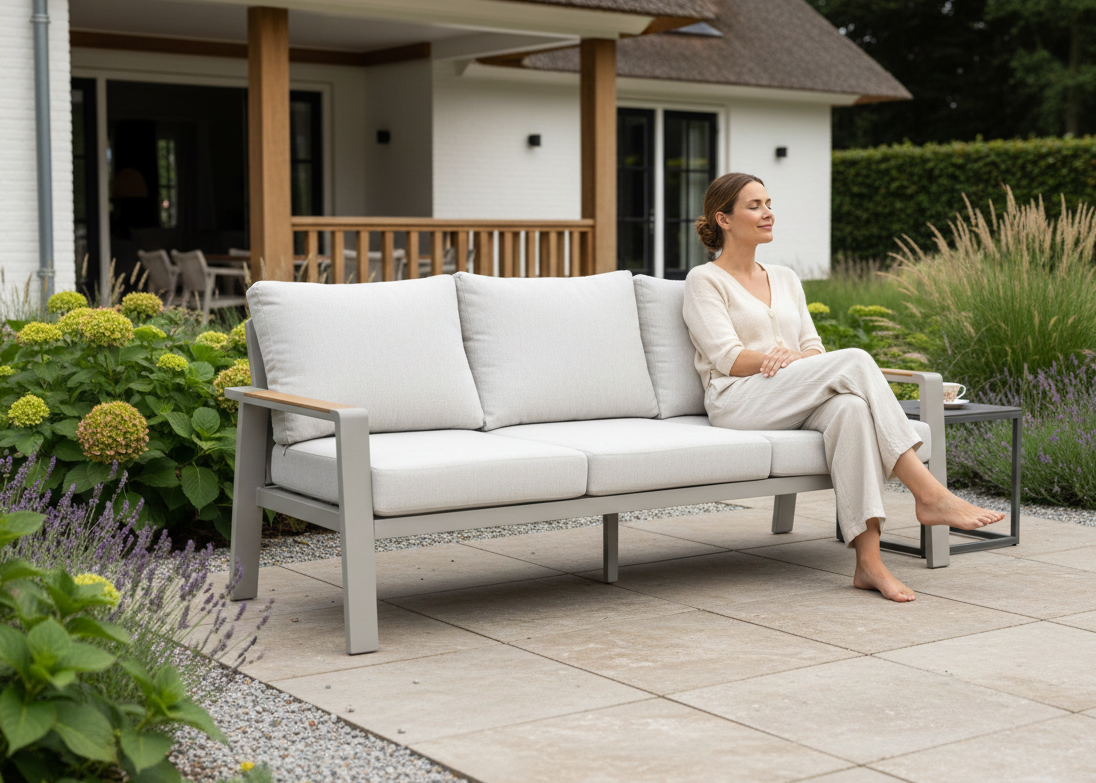 Belito Tuinbak Taupe 213 cm met vrouw erop die aan het genieten is in de zon