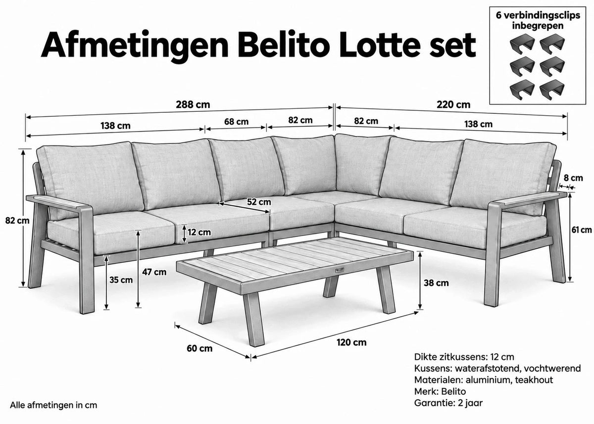 Belito Lotte hoekbank antraciet afmetingen 288 x 220 cm met lage aluminium koffietafel