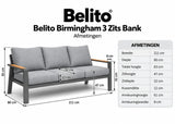 Belito Birmingham tuinbank 211 cm antraciet aluminium, maatvoering en afmetingen