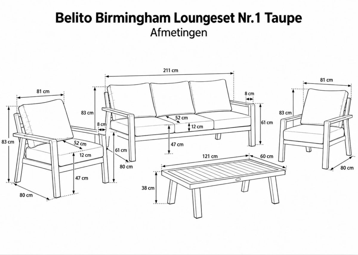 Belito Birmingham Loungeset Nr.1 | Taupe | 3-zits Bank + 2x Stoel + Tafel | 5 Personen