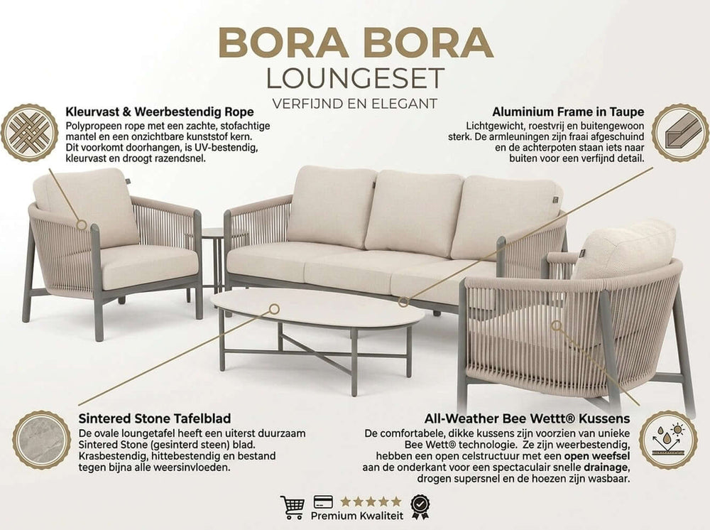 Apple Bee Bora Bora Loungeset 5-delig Nr.1 | Taupe Rope & Keramiek