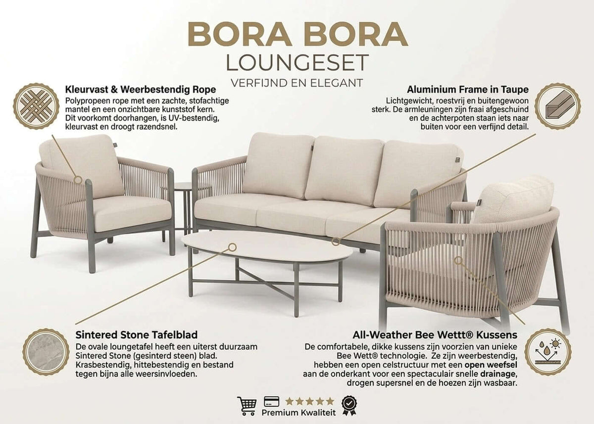Apple Bee Bora Bora Loungeset 5-delig Nr.1 | Taupe Rope & Keramiek