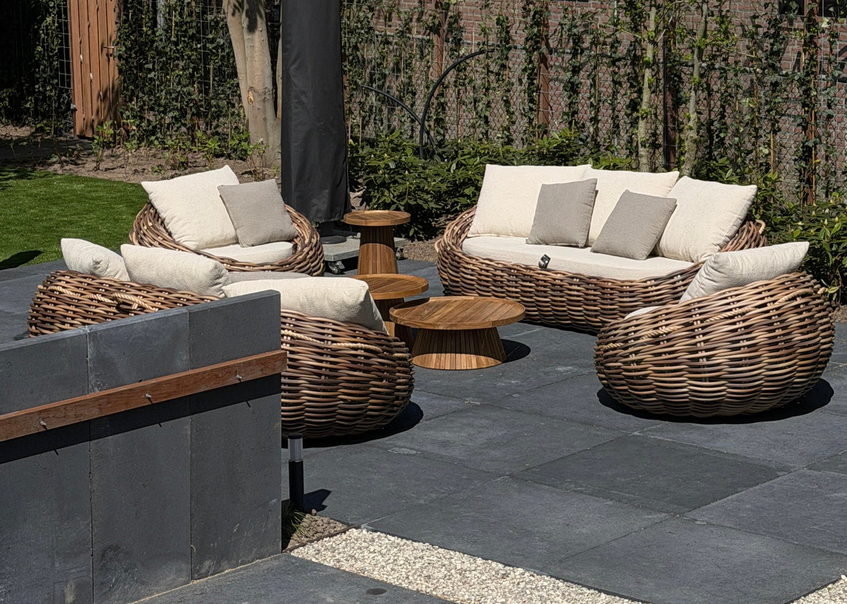 Apple Bee Cocoon Loungeset 5-delig | Belito Daan Tafels Ø 60 & 80 cm | Mokka/Teak