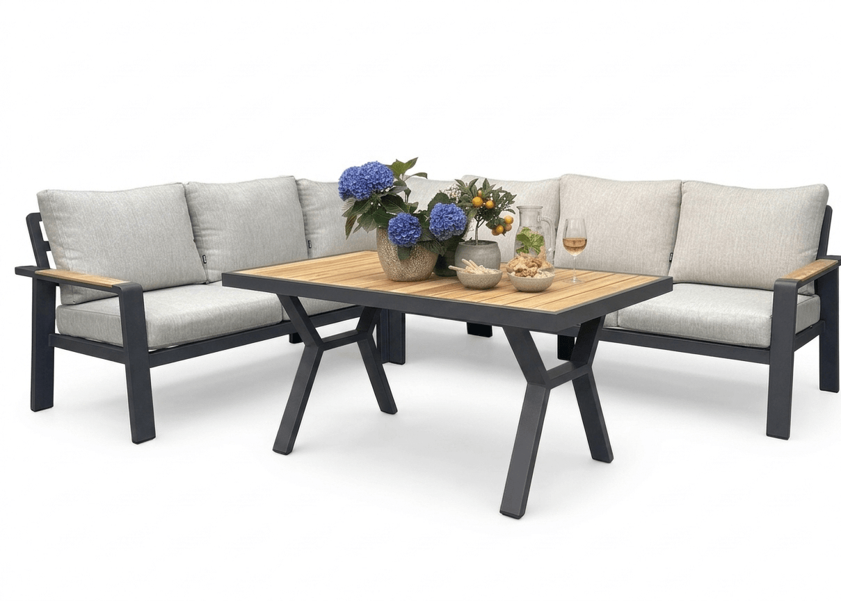 Belito Lotte Loungeset Hoekbank Nr. 4 | 288 x 220 cm | Met Vaste Diningtafel | Antraciet | Lichte Kussens