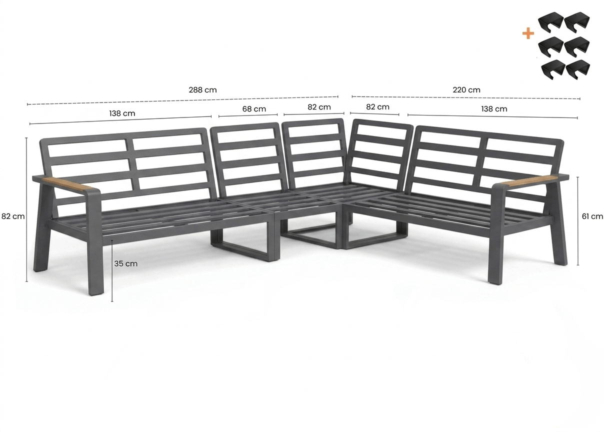 Belito Lotte Loungeset Hoekbank Nr. 2 | Antraciet Aluminium | 288 x 220 cm | 6-persoons | Lichte Kussens