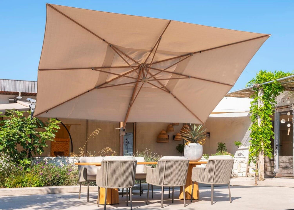 4Seasons Hacienda Zweefparasol 300x400cm - Woodlook Frame Sand Doek