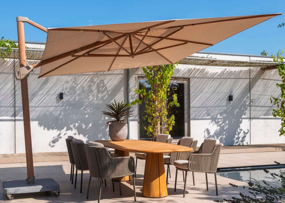 4Seasons Hacienda Zweefparasol 300x400cm - Woodlook Frame Sand Doek