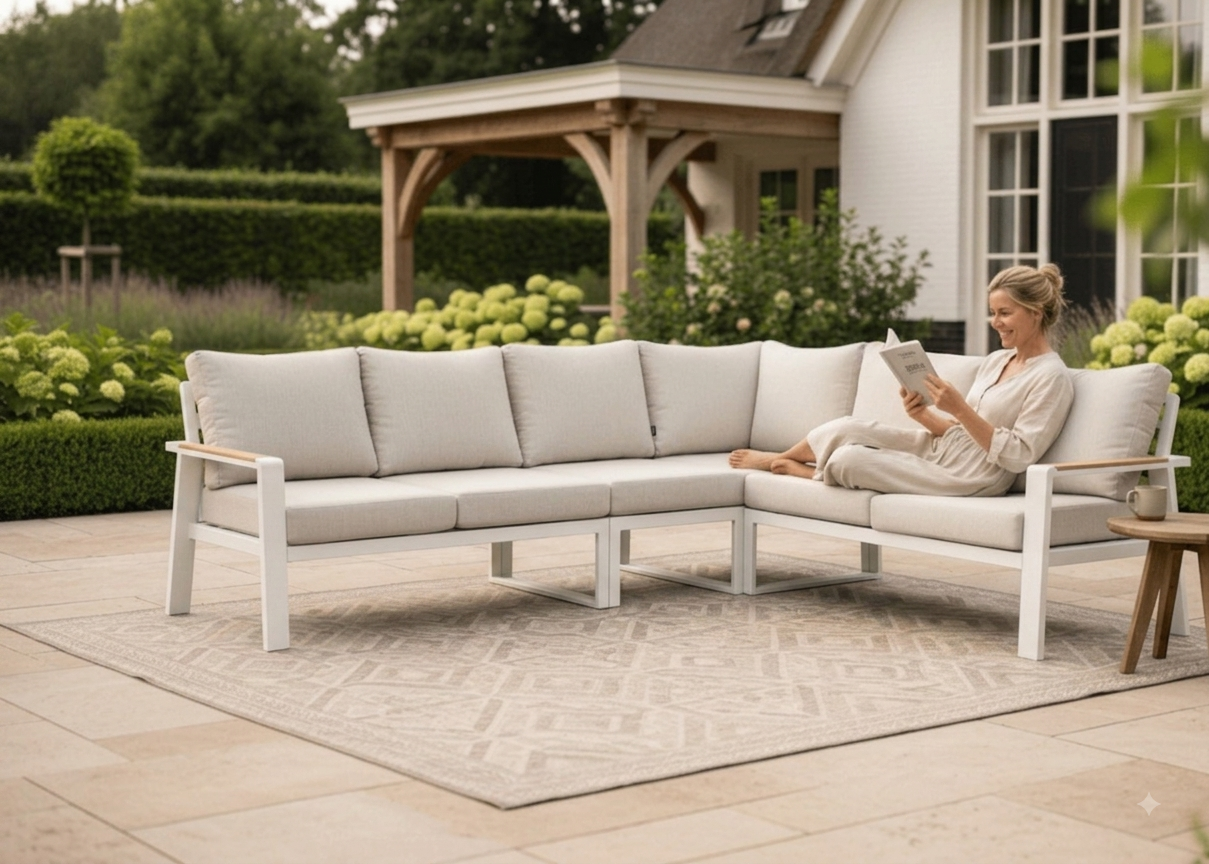 Belito® Lotte Loungeset Hoekbank Nr. 2 | Wit Aluminium | Lichte Kussens | 288 x 220 cm | 6-persoons
