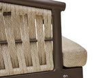 Detail van het bronze aluminium frame en Sand rope vlechtwerk van de Apple Bee Murni dining stoel