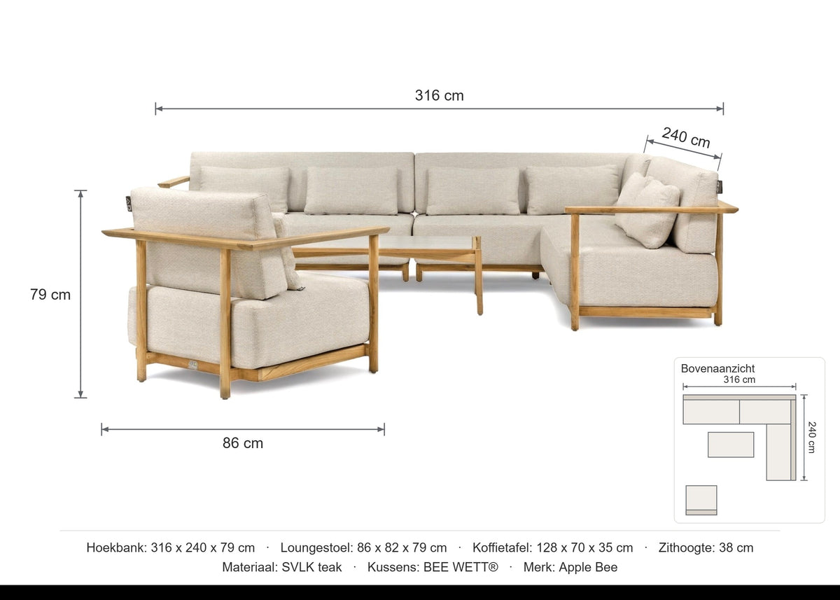 Maattekening Apple Bee St. Lucia Loungeset Links met afmetingen: Hoekbank: 316 x 240 x 79 cm, Loungestoel: 86 x 82 x 79 cm, Koffietafel: 128 x 70 x 35 cm, Zithoogte: 38 cm