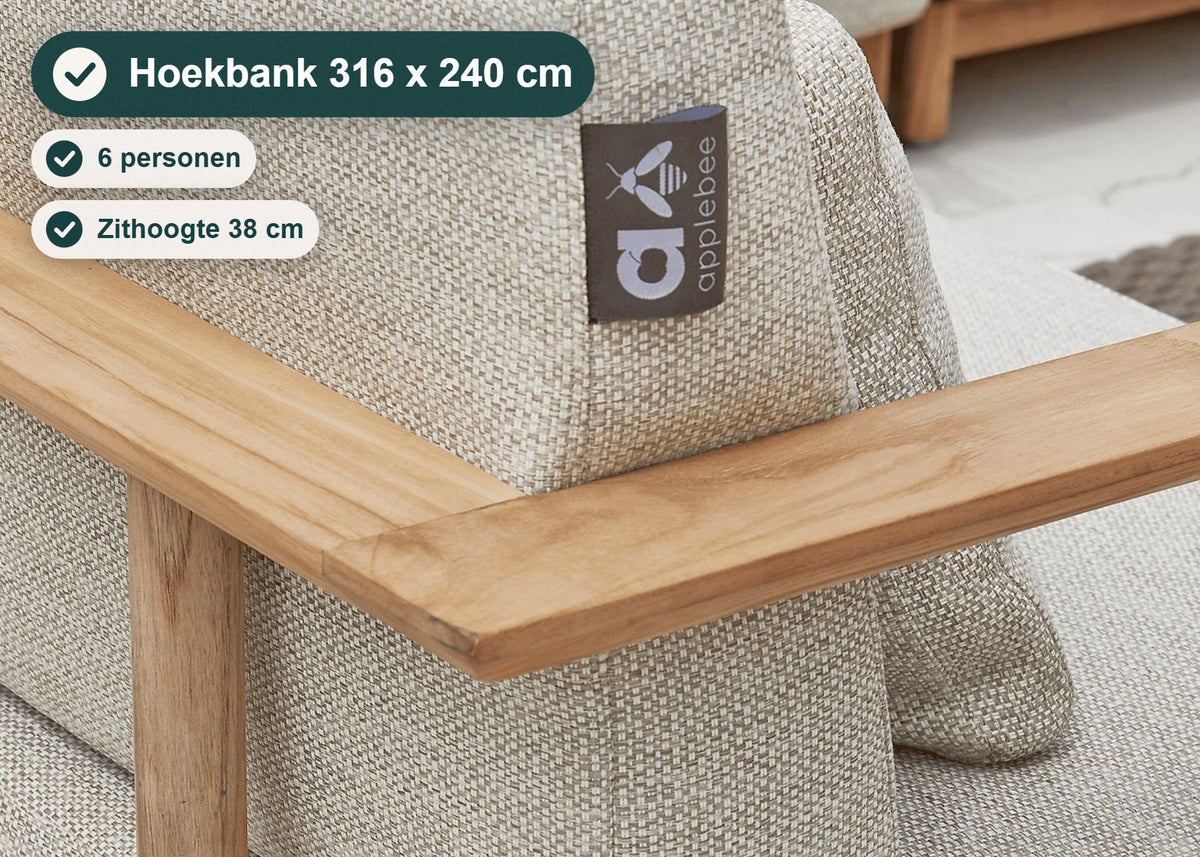 Apple Bee St. Lucia Loungeset 5-delig, SVLK Teak, 2 Tafels, Bee Wett Kussens – foto 10 – Hoekbank 316 x 240 cm