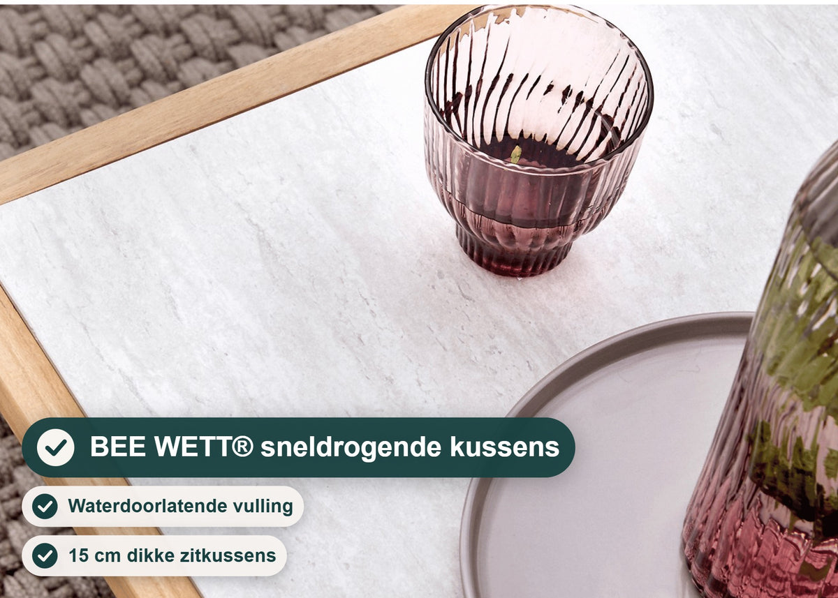 Apple Bee St. Lucia Loungeset 5-delig Rechts, SVLK Teak, 2 Tafels, Bee Wett Kussens – foto 8 – BEE WETT® sneldrogende kussens