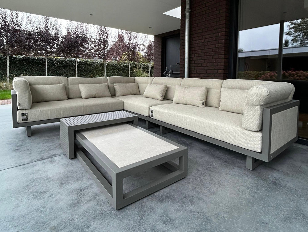 Loungesetland Apple Bee Santorini upholstered modular outdoor corner sofa with grey aluminium frame and beige cushions