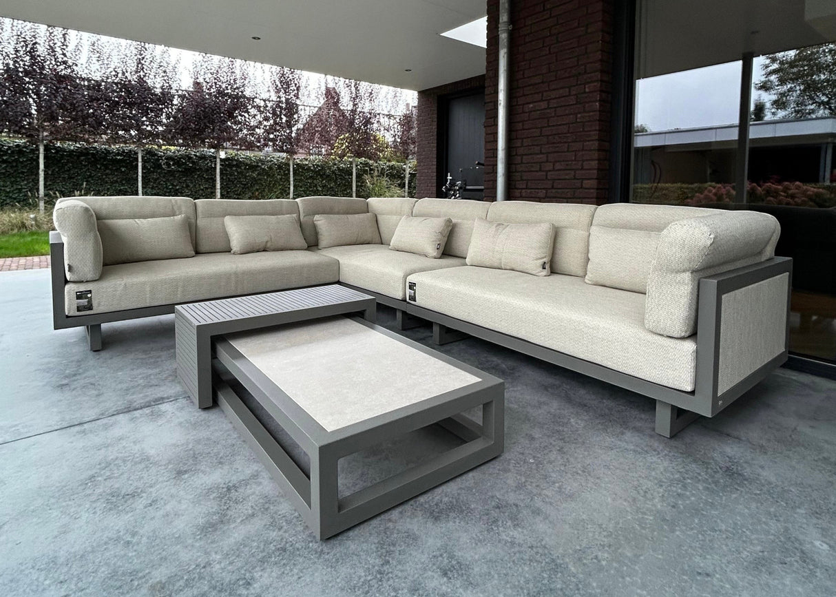 Loungesetland Apple Bee Santorini upholstered modular outdoor corner sofa with grey aluminium frame and beige cushions